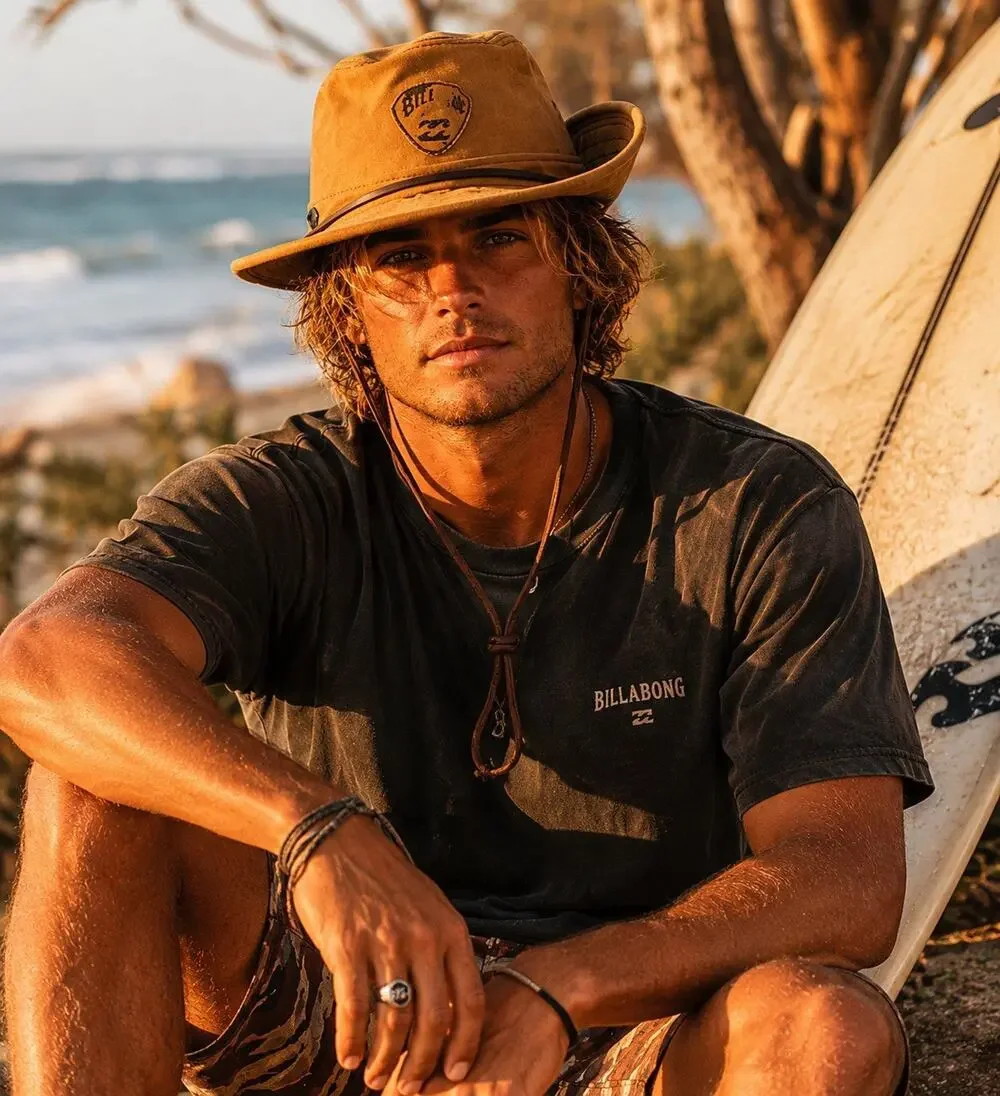 Vintage Billabong USA Made Surf Outback Hat Tan Canvas Boonie Beach Chin Strap